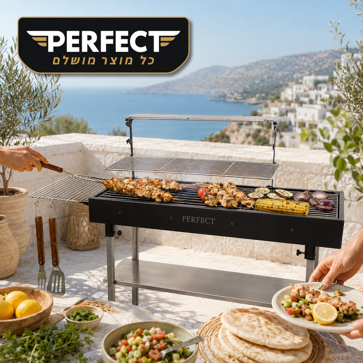 מנגל PERFECT על רקע נוף ים ים תיכוני עם שיפודים וירקות על האש